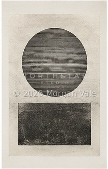 Small abstract print with a black field, red bar, and layered geometric fragments.