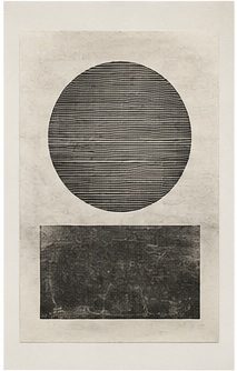 Small abstract print with a black field, red bar, and layered geometric fragments.