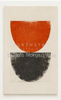 Layered geometric print with black, red, and pale gray angular forms.