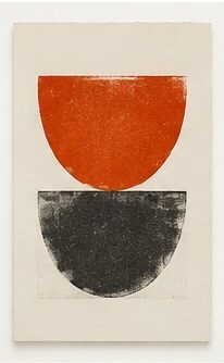 Layered geometric print with black, red, and pale gray angular forms.