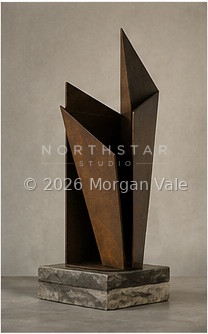Tall black geometric steel sculpture with a red interior plane on a rough stone base.