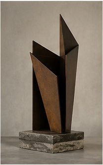 Tall black geometric steel sculpture with a red interior plane on a rough stone base.