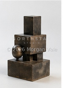 Compact circular steel sculpture with intersecting geometric planes.