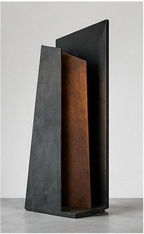 Low angular black steel sculpture forming a folded horizontal profile.